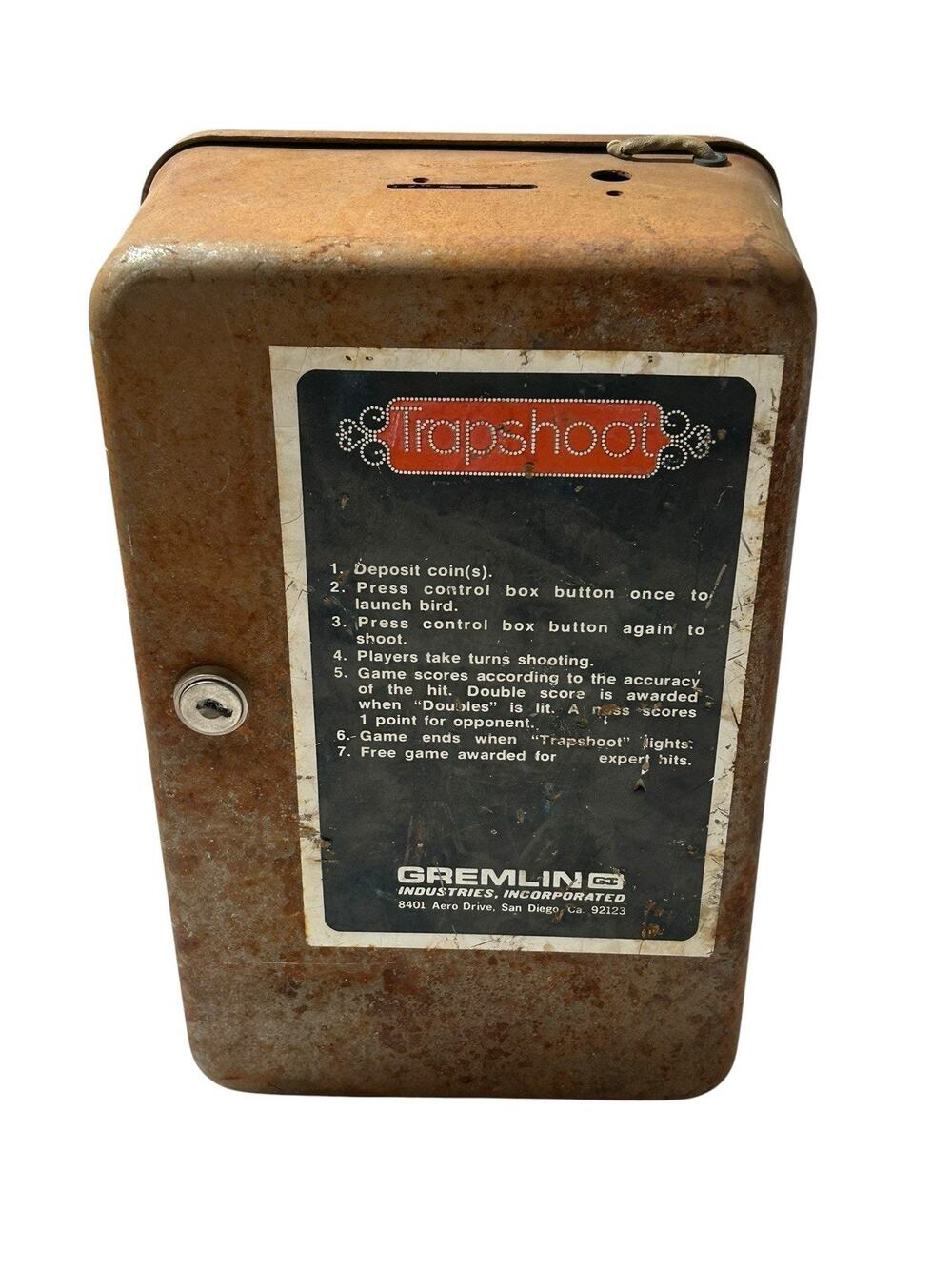 Gremlin Trap Shoot Coin Box Offered Rust Patina Man Cave Decor 70's No Key Open